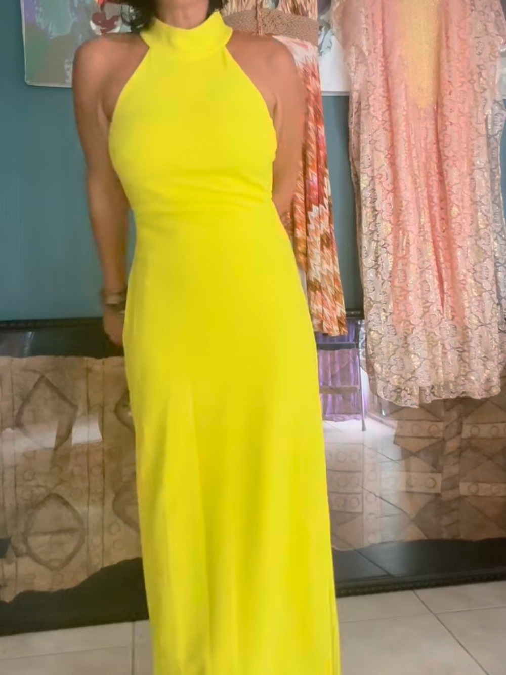 Badgley Mischka Yellow Halter Maxi Dress